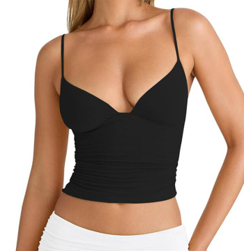 Custom Women's Deep V-Neck Tank Top Manufacturer | Sexy Ruched Sleeveless Crop Slim Fitted Summer Tops OEM Factory