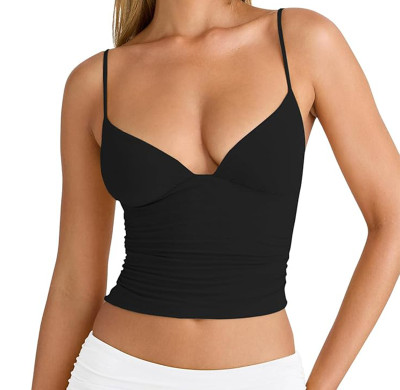 Custom Women's Deep V-Neck Tank Top Manufacturer | Sexy Ruched Sleeveless Crop Slim Fitted Summer Tops OEM Factory