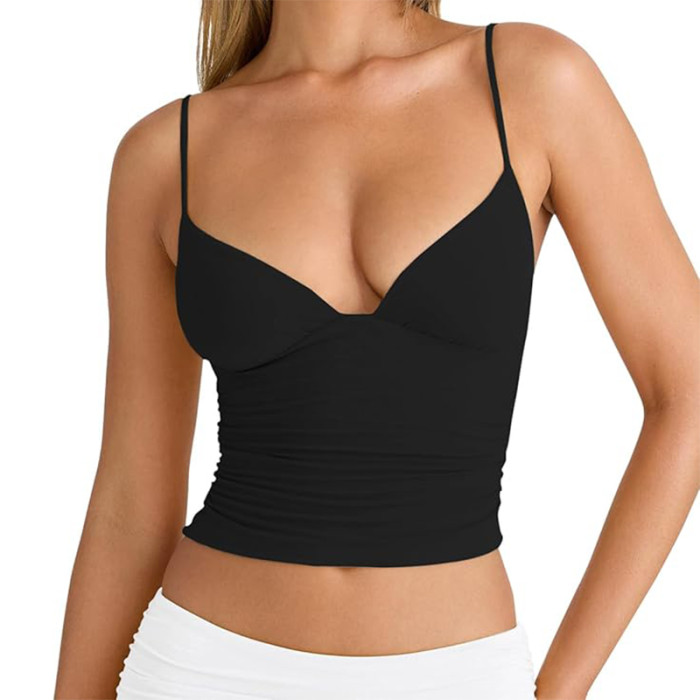 Custom Women's Deep V-Neck Tank Top Manufacturer | Sexy Ruched Sleeveless Crop Slim Fitted Summer Tops OEM Factory