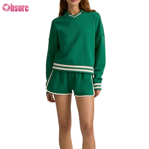 Custom Women’s Contrast Stripe Polo-Collar Pullover & Shorts Set | OEM Activewear Manufacturer