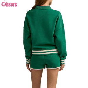 Custom Women’s Contrast Stripe Polo-Collar Pullover & Shorts Set | OEM Activewear Manufacturer