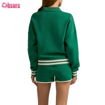 Custom Women’s Contrast Stripe Polo-Collar Pullover & Shorts Set | OEM Activewear Manufacturer