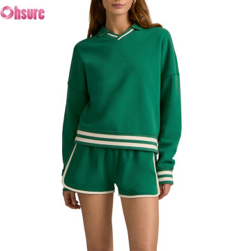 Custom Women’s Contrast Stripe Polo-Collar Pullover & Shorts Set | OEM Activewear Manufacturer