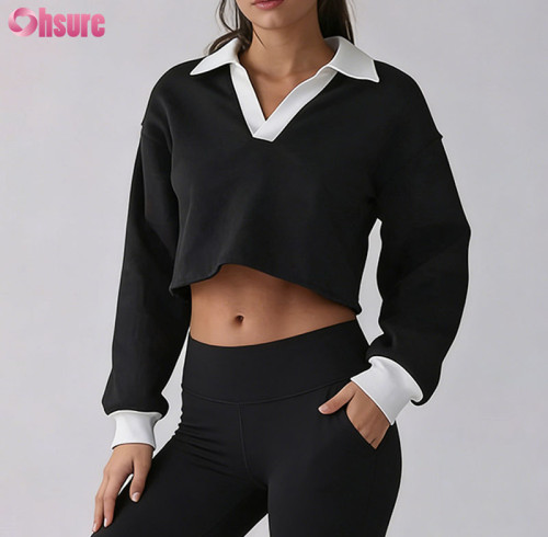 Custom Women Casual & Activewear Fusion Retro Polo Collar Cropped Sweatshirt Manufacturer