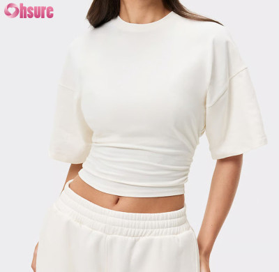 Custom Women's Ruched Waist Short Sleeve Gym Crop Top Manufacturer