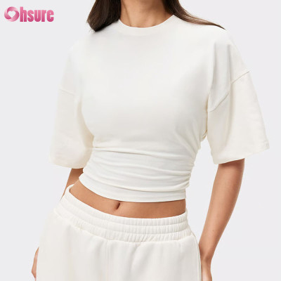 Custom Women's Ruched Waist Short Sleeve Gym Crop Top Manufacturer