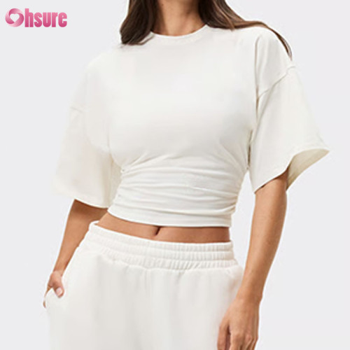 Custom Women's Ruched Waist Short Sleeve Gym Crop Top Manufacturer