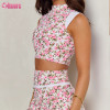 Custom Women's Floral Print Tennis Skort Set | Two-Piece Sleeveless Mock Neck Crop Top & High-Waisted Athletic Skirt with Built-in Shorts and Pockets