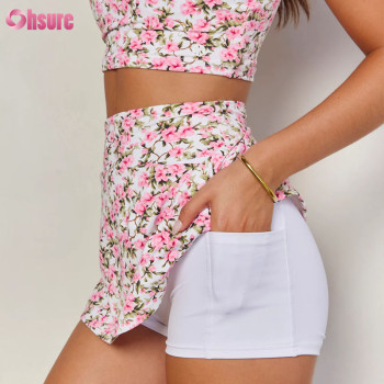 Custom Women's Floral Print Tennis Skort Set | Two-Piece Sleeveless Mock Neck Crop Top & High-Waisted Athletic Skirt with Built-in Shorts and Pockets