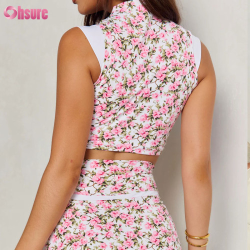 Custom Women's Floral Print Tennis Skort Set | Two-Piece Sleeveless Mock Neck Crop Top & High-Waisted Athletic Skirt with Built-in Shorts and Pockets