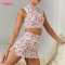 Custom Women's Floral Print Tennis Skort Set | Two-Piece Sleeveless Mock Neck Crop Top & High-Waisted Athletic Skirt with Built-in Shorts and Pockets