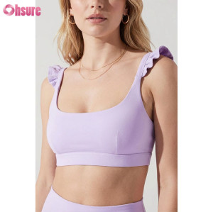 Custom Ruffle Shoulder Straps Yoga Sports Bras | High-Stretch Ribbed Fitness Crop Top for Women | Low Impact Gym Wear Wholesale