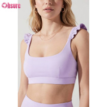 Custom Ruffle Shoulder Straps Yoga Sports Bras | High-Stretch Ribbed Fitness Crop Top for Women | Low Impact Gym Wear Wholesale