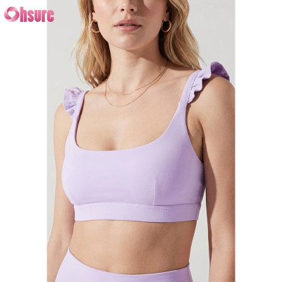 Custom Ruffle Shoulder Straps Yoga Sports Bras | High-Stretch Ribbed Fitness Crop Top for Women | Low Impact Gym Wear Wholesale