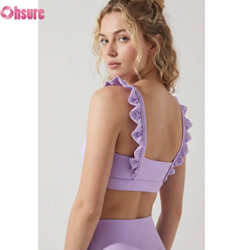Custom Ruffle Shoulder Straps Yoga Sports Bras | High-Stretch Ribbed Fitness Crop Top for Women | Low Impact Gym Wear Wholesale