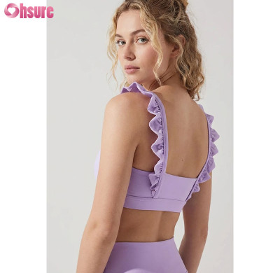 Custom Ruffle Shoulder Straps Yoga Sports Bras | High-Stretch Ribbed Fitness Crop Top for Women | Low Impact Gym Wear Wholesale
