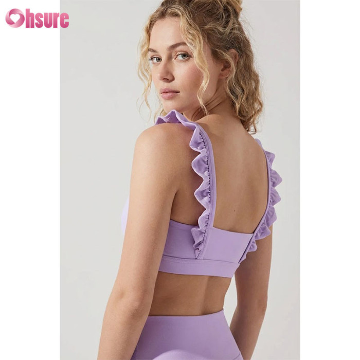 Custom Ruffle Shoulder Straps Yoga Sports Bras | High-Stretch Ribbed Fitness Crop Top for Women | Low Impact Gym Wear Wholesale