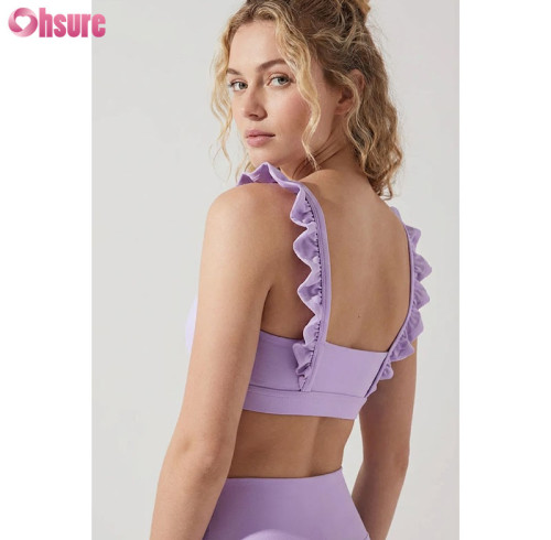 Custom Ruffle Shoulder Straps Yoga Sports Bras | High-Stretch Ribbed Fitness Crop Top for Women | Low Impact Gym Wear Wholesale