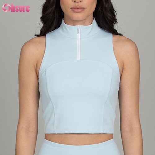 Custom Women Quarter-Zip Sleeveless Gym Crop Top | Chic High-Neck Slim Fit Athletic Crop Top Manufacturer