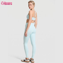 OEM Custom Ice Blue Yoga Set V-Neck Sports Bra and High Waisted Gym Leggings 2 Piece Activewear Set for Women