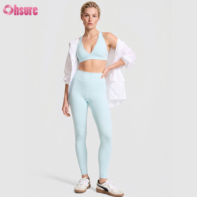 OEM Custom Ice Blue Yoga Set V-Neck Sports Bra and High Waisted Gym Leggings 2 Piece Activewear Set for Women