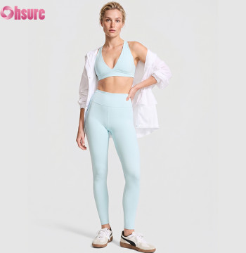 OEM Custom Ice Blue Yoga Set V-Neck Sports Bra and High Waisted Gym Leggings 2 Piece Activewear Set for Women