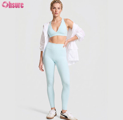 OEM Custom Ice Blue Yoga Set V-Neck Sports Bra and High Waisted Gym Leggings 2 Piece Activewear Set for Women