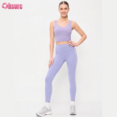 Custom Contrast Piping Gym Wear 2 Piece Set Women High Waist Yoga Leggings and Sports Bra Tracksuit Wholesale