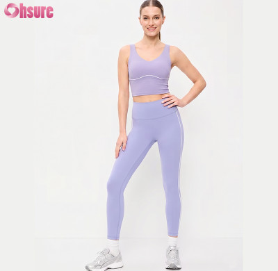 Custom Contrast Piping Gym Wear 2 Piece Set Women High Waist Yoga Leggings and Sports Bra Tracksuit Wholesale