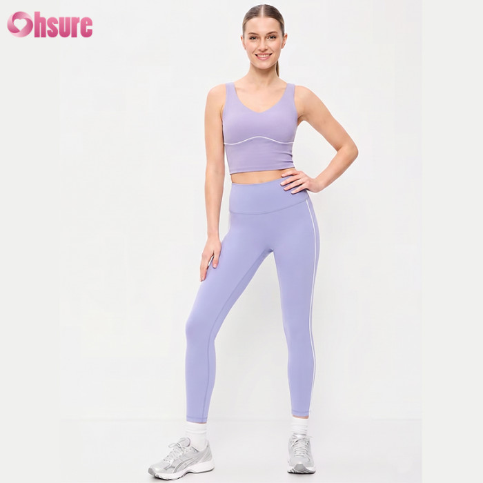 Custom Contrast Piping Gym Wear 2 Piece Set Women High Waist Yoga Leggings and Sports Bra Tracksuit Wholesale