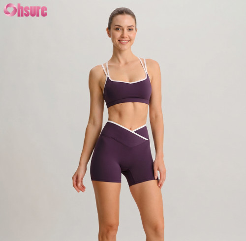 OEM Custom Contrast Piping V-Waist Workout Set 2 Piece Cross Back Sports Bra and Biker Shorts Yoga Outfit