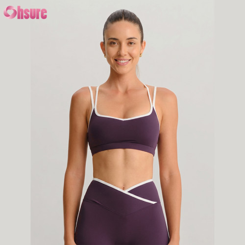 OEM Custom Contrast Piping V-Waist Workout Set 2 Piece Cross Back Sports Bra and Biker Shorts Yoga Outfit