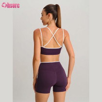 OEM Custom Contrast Piping V-Waist Workout Set 2 Piece Cross Back Sports Bra and Biker Shorts Yoga Outfit