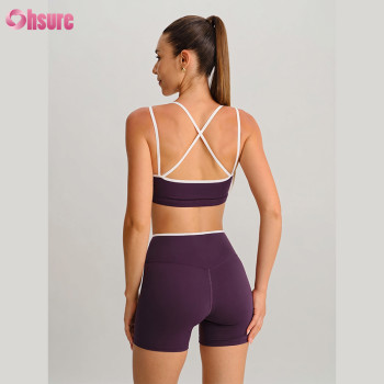 OEM Custom Contrast Piping V-Waist Workout Set 2 Piece Cross Back Sports Bra and Biker Shorts Yoga Outfit