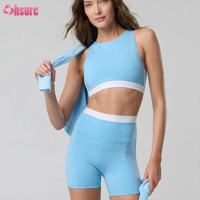 Custom Women Two-Piece Yoga Set Mock Neck Backless Sports Bra and High Waist Running Shorts Tracksuit Wholesale