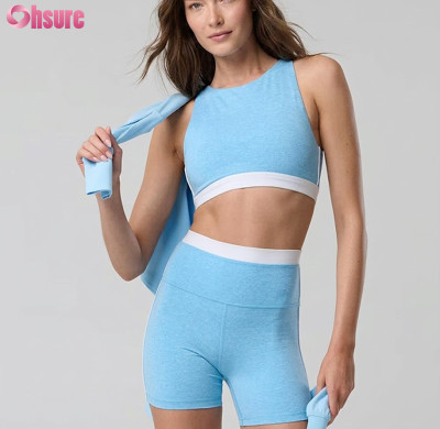 Custom Women Two-Piece Yoga Set Mock Neck Backless Sports Bra and High Waist Running Shorts Tracksuit Wholesale