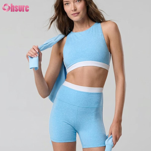 Custom Women Two-Piece Yoga Set Mock Neck Backless Sports Bra and High Waist Running Shorts Tracksuit Wholesale