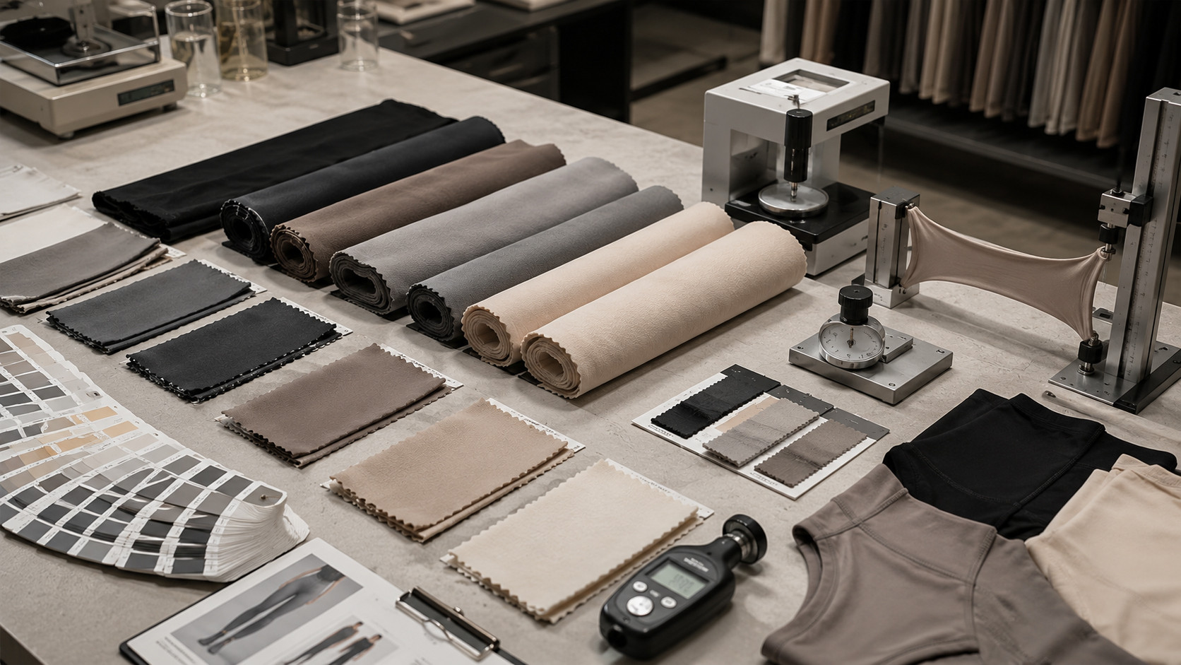 Premium yoga leggings fabric swatches and stretch recovery testing