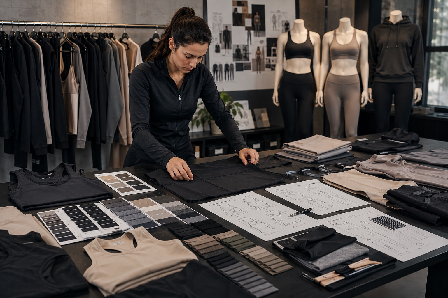 Custom gym clothing samples, fabric swatches, Pantone cards, and activewear development materials