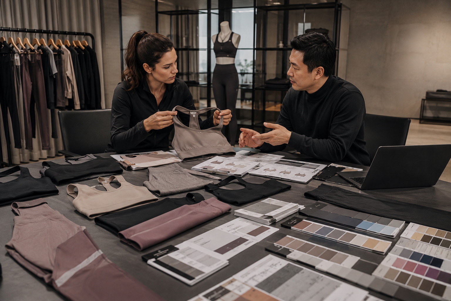 Activewear brand owner reviewing gym wear samples with manufacturing specialist during product development