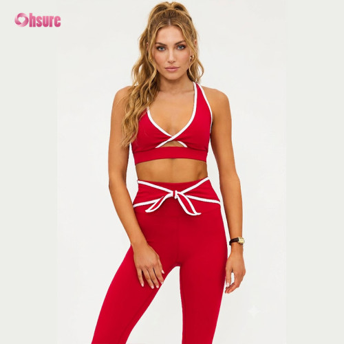 Custom Nylon Lycra Yoga Set | Women Cutout Racerback Sports Bra Sculpting Running Tights Two Piece Fitness Tracksuit