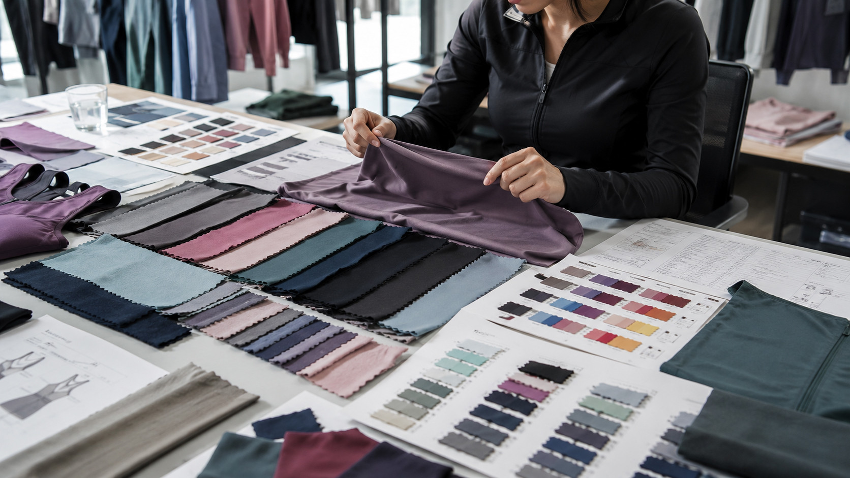 Activewear fabric selection table with nylon spandex polyester spandex and recycled fabric swatches