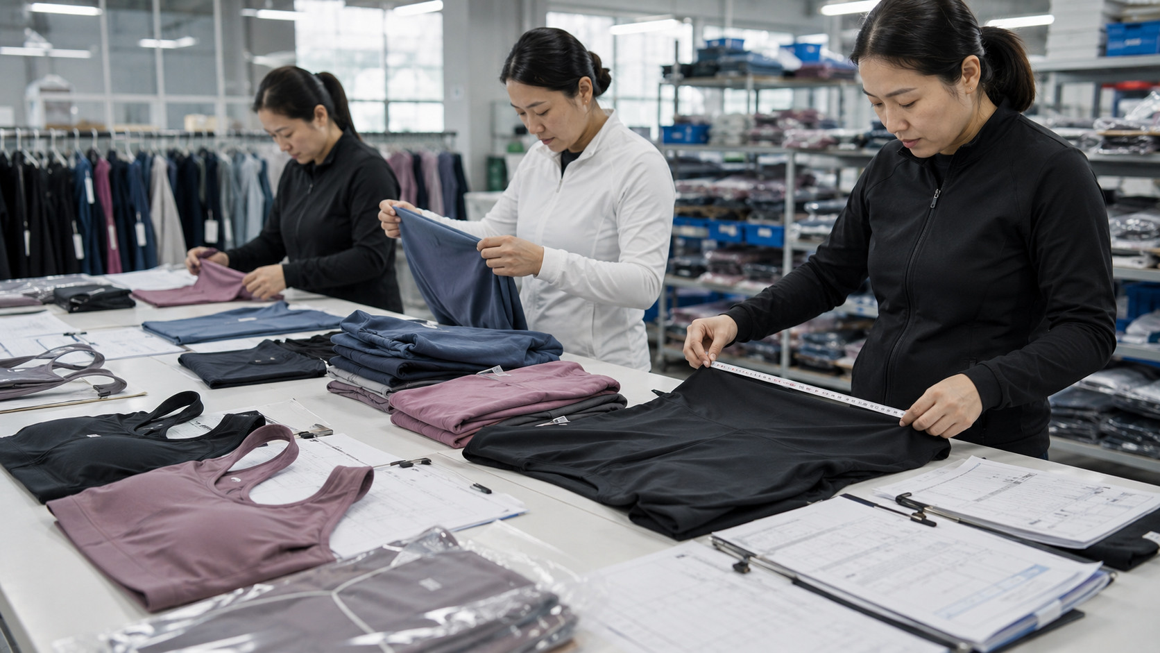 Gym wear quality control inspection with leggings sports bras and measurement sheets