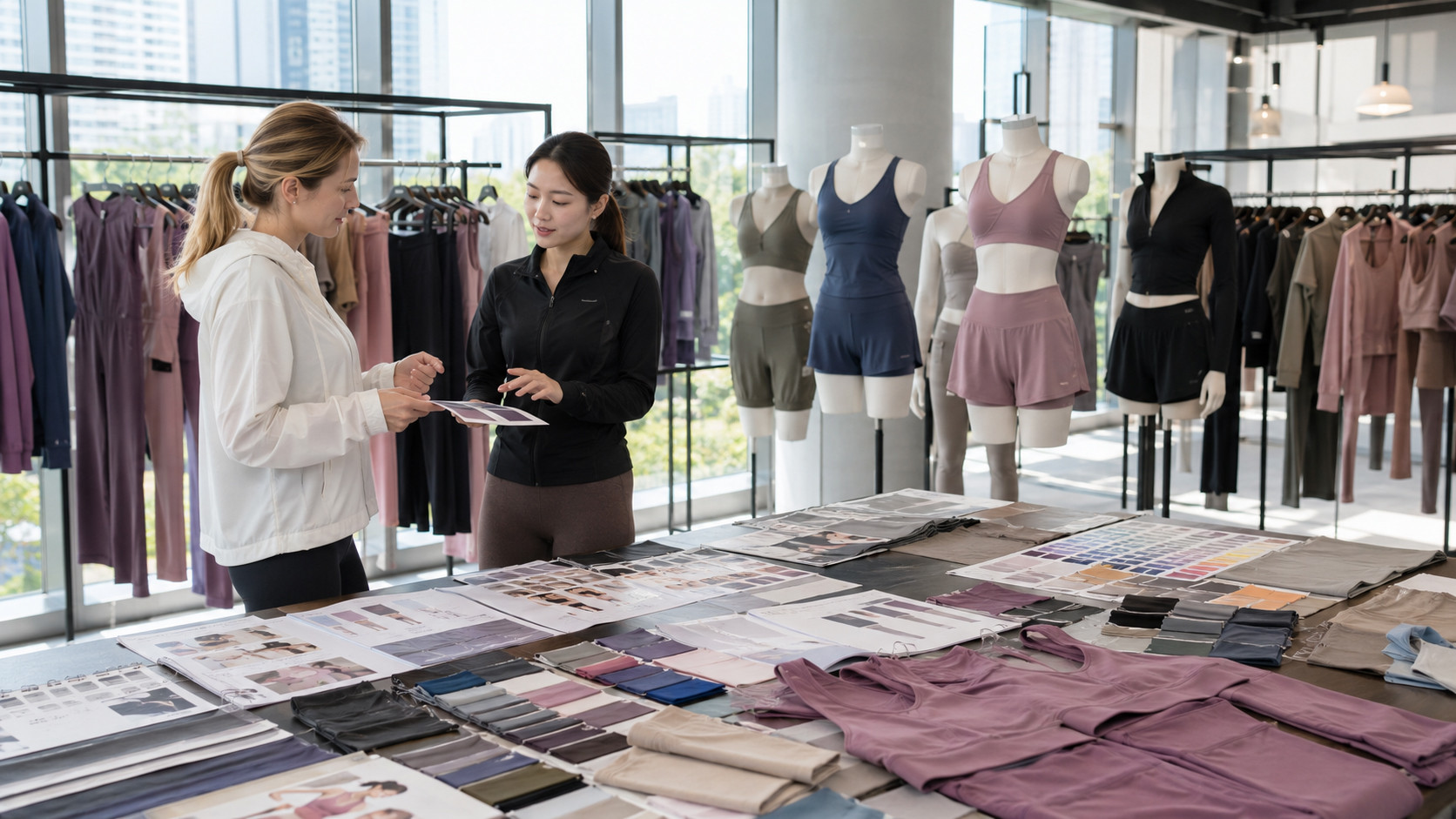 Gym wear sets manufacturer showroom with leggings sports bras and activewear samples