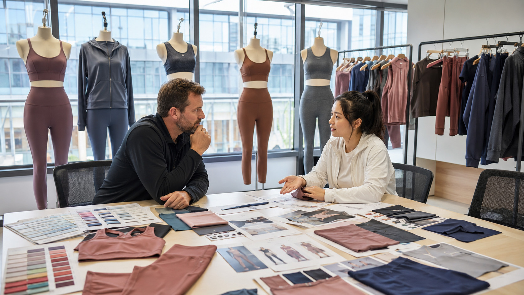 OEM gym wear sets manufacturer showroom with activewear samples and fabric swatches