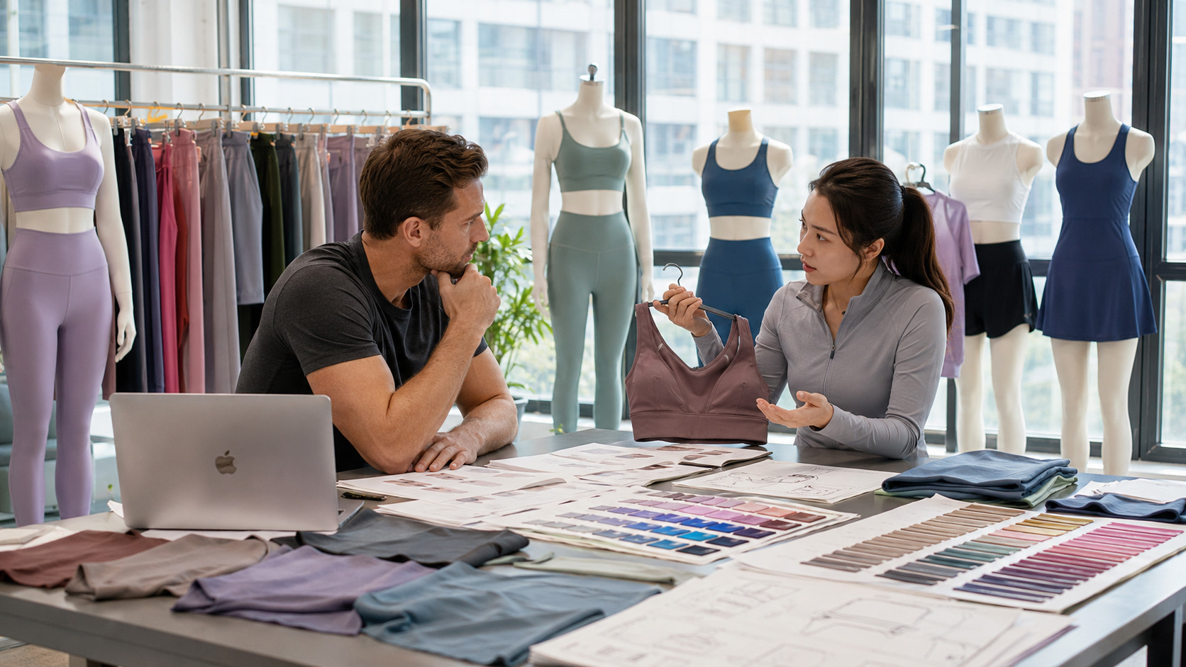 Gym wear sets manufacturer showroom with activewear samples and fabric swatches