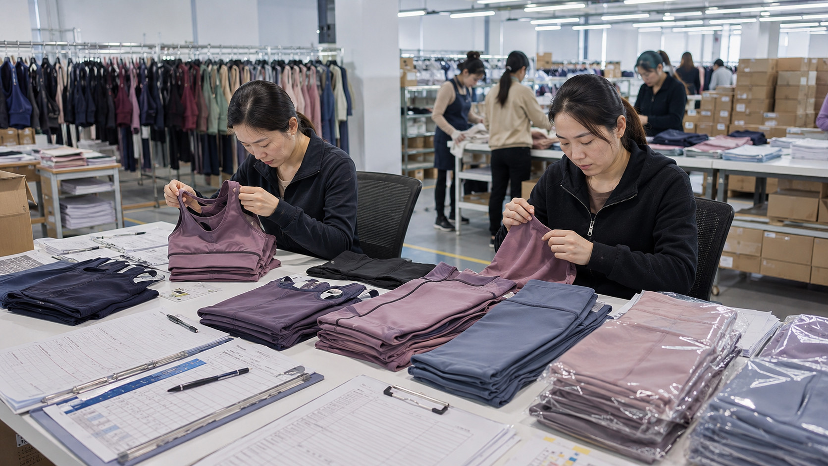 Gym wear bulk production quality control and packing process