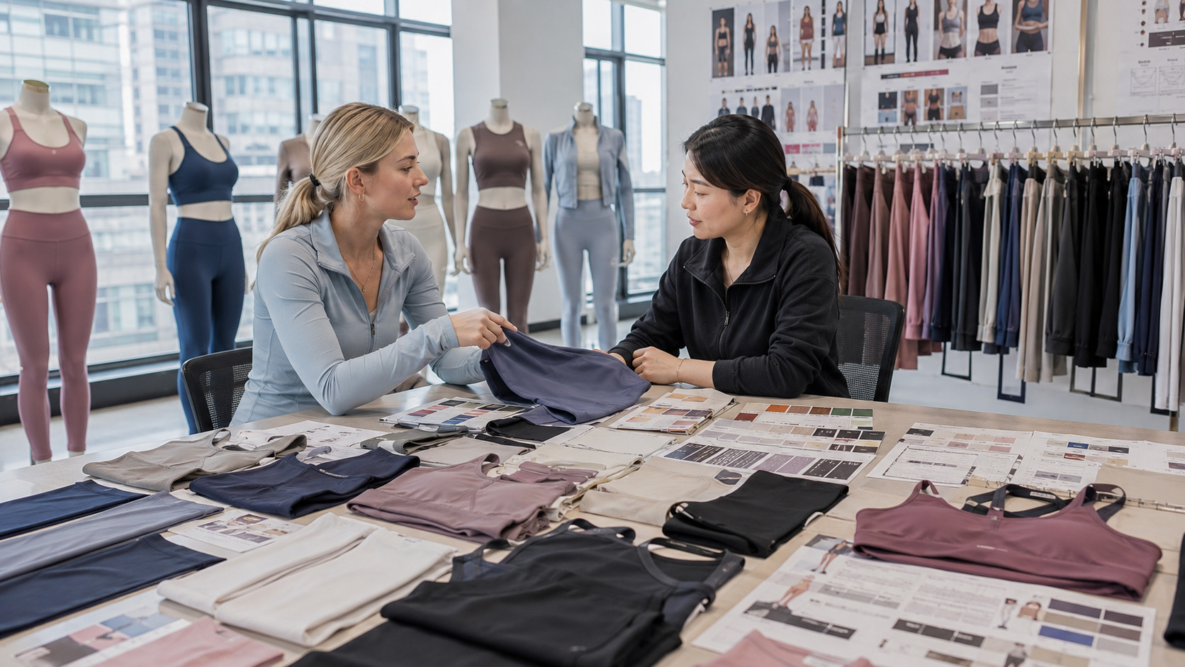 Custom gym wear sets manufacturer showroom with activewear collections