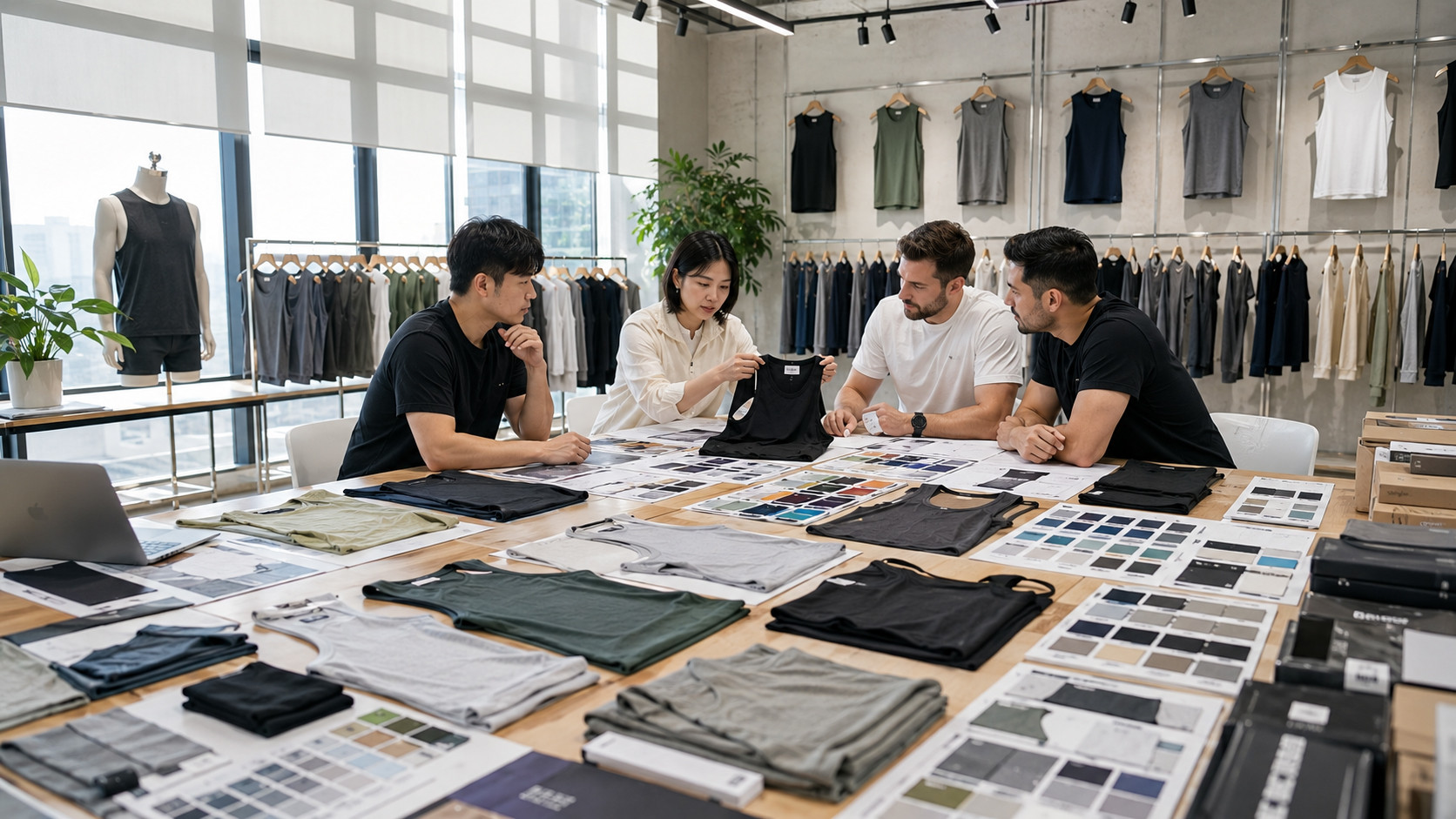 OEM tank tops sample development inside activewear manufacturer showroom