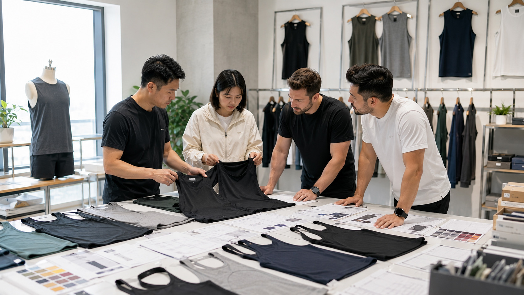 OEM tank top sample review with measurement chart and logo placement approval
